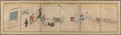 6-fold screen decorated with ink, color and gold pigment on paper. This screen is a part of a pair. It's partner depicts a monkey dance.