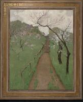 Landscape painting depicting a dirt pathway with steps and a wooden railing cutting through the center of the composition leading to a house on a hill in the distance. On either side of the path are blooming trees bearing pink and white blossoms in a green meadow.