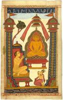This painting is a rare depiction of the Jina&rsquo;s first preaching. It is said that the speech of the Jina is like no other and that miracles occur upon hearing it. Here the Jina is depicted with four heads, representing the miraculous ability to see from all four directions at once. The golden-hued Jina and the monk who venerate a Jina are nude, identifying them as belonging to the Digambara (sky-clad) sect of Jainism.