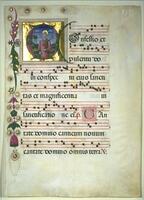 This leaf from a manuscript contains seven lines of Latin text with musical notation. The initial letter, &quot;C,&quot; of the opening word &quot;Confessio&quot; is made from a curved vegetal form. The text is preceded by a painted miniature in a circular frame that is, in turn, enclosed by a golden square. The miniature depicts a man with a tonsure and a golden halo standing in a verdant landscape. He holds a palm leaf in his left hand and rests his right hand on a grill. The left and upper margins of the page are decorated with green and pink leaves and flowers and small gold circles.