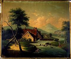 Trees, figures by a river, small house on the left hand side, mountains behind.