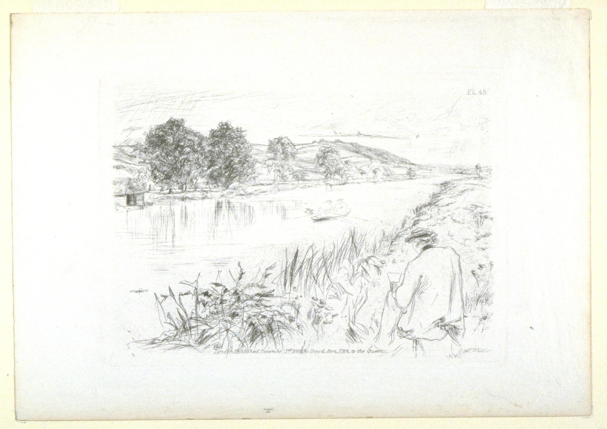 A rural countryside with a river flowing into the distance at the right dominates the scene. Two figures in a rowboat are at the center of the image and at the lower right corner, an artist, seated on a camp stool and facing away from the viewer, sketches the rowers.