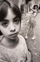 This photograph depicts a closeup portrait of a little girl standing on a cobblestone street. Behind her is another girl in a floral dress who poses playfully.