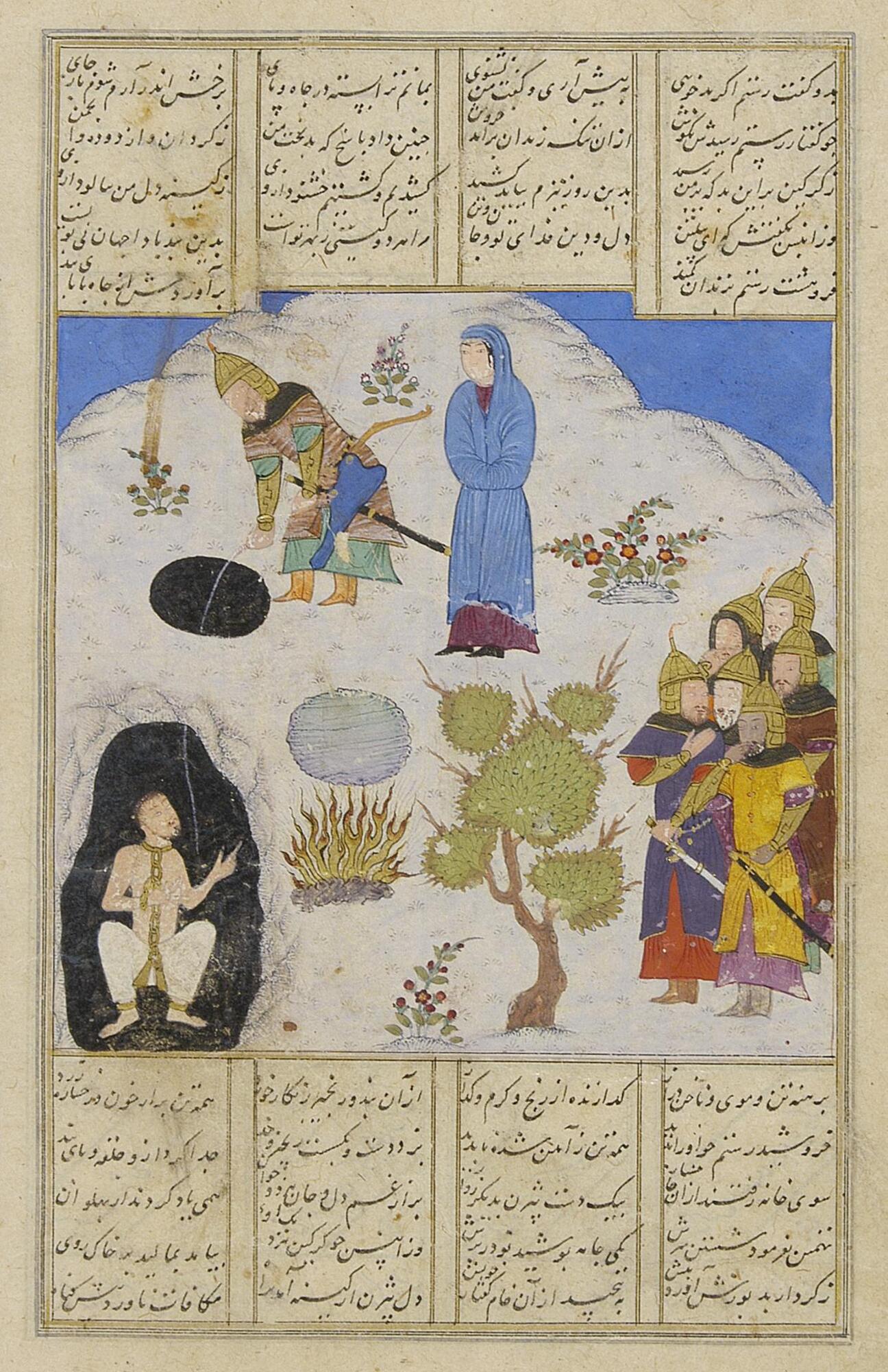 This Persian miniature is attributed to the Shiraz and Timurid schools, ca. 1460. The painting is done in ink, opaque watercolor and gold leaf on paper. The scene, <em>Rustam Takes Bijan out of the Pit</em>, is part of the Shahnama of Firdausi, the Persian book of kings. 
