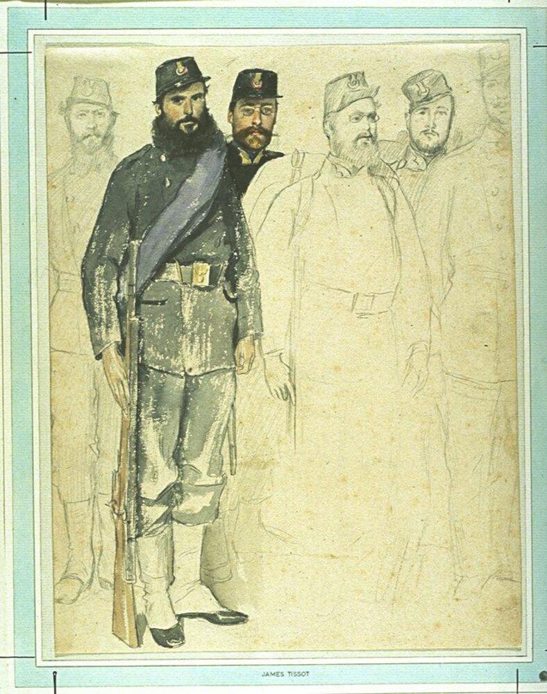 This work in graphite and watercolor on off-white wove paper is vertically oriented. There are six standing male figures portrayed in uniforms. Only the second and third men from the left are colored in, the four others are rendered with graphite outlines. The men wear military jackets with belts, trousers, and black shoes with tall, white spats. Their hats have brass emblems and tipped up bills. The largest man who was been colored in has a blue sash over his gray uniform and holds a rifle at his side. There is a pale blue rectangular border around the men with the artist’s name in the bottom center.