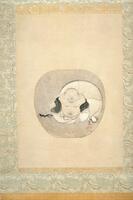 The shape of the circle repeats four times in this painting. It appears in the plump body of Hotei, his head, his large white sack, and the overall shape of the fan.