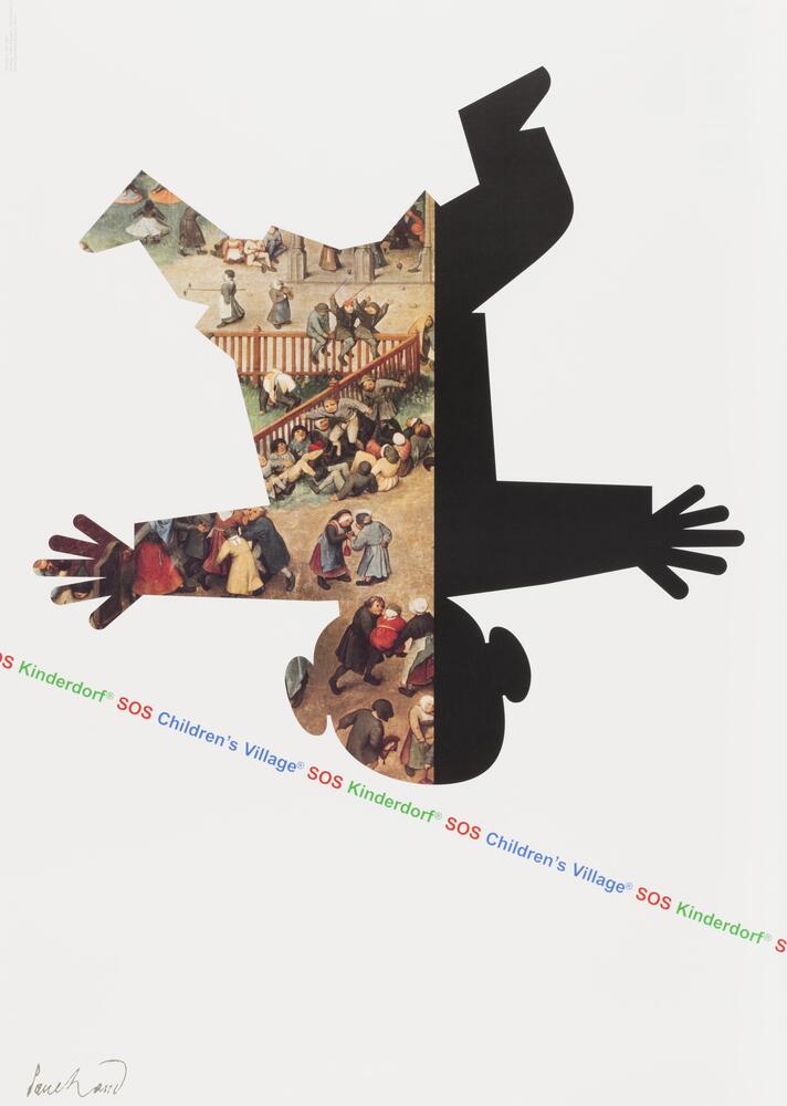 A graphic featuring an outline figure, upside down and arms outward, filled in part by a portion of a painting depicting people interacting in a village commons. In a strip running at an angle, multi-colored text reads "Kinderdorf SOS Children's Village" in repetition.