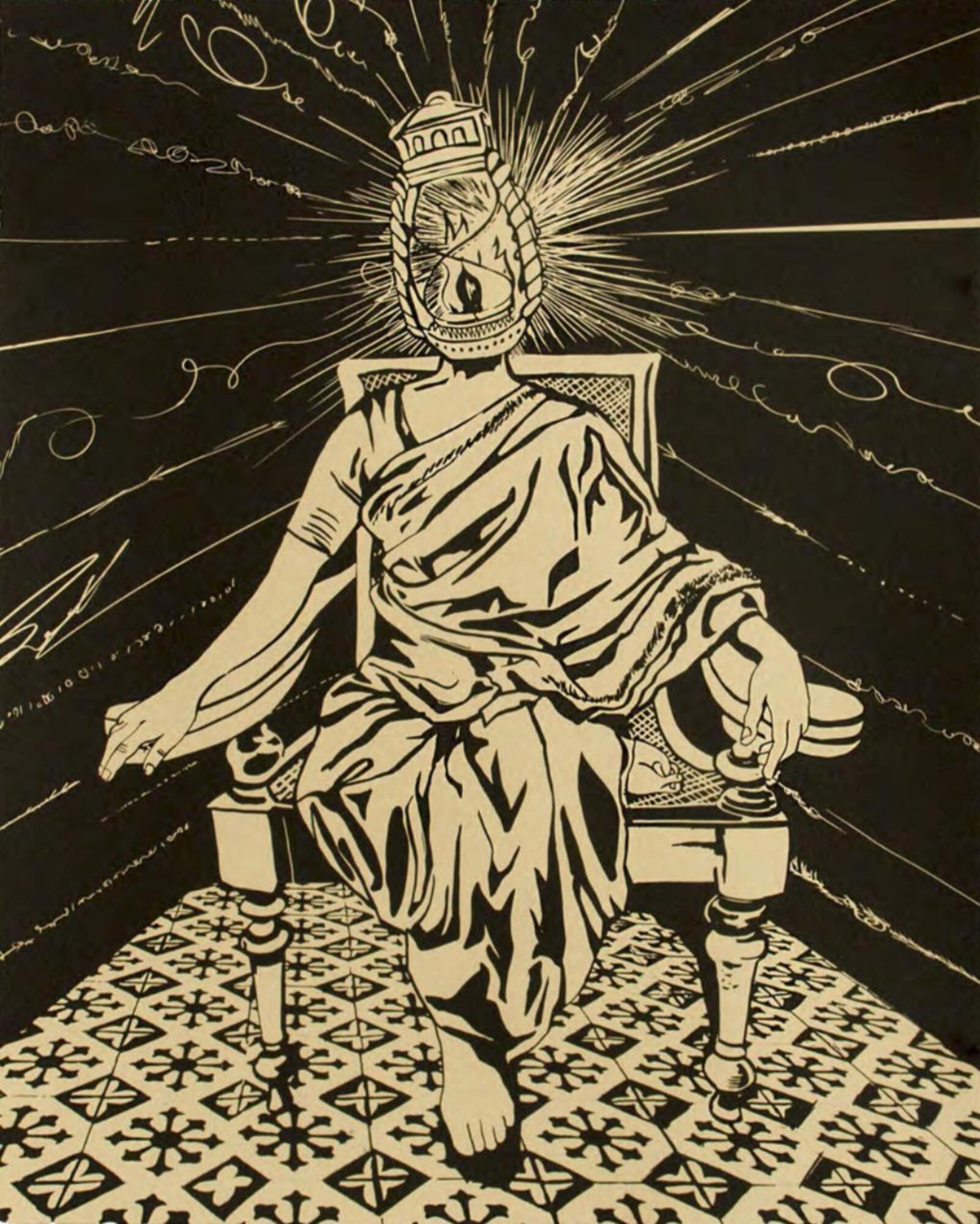 No. 26 of a series of 27 prints. A simple, two-tone palette. A human figure with a glowing, lantern shaped head, sits in an armchair facing the viewing. One leg is tucked under the other, they are barefoot and wearing a draped, robe garment. The chair sits on a patterned floor and is surrounded by blackness interrupted by squiggled lines.<br />
Sultana&#39;s Dream was printed and published by Durham Press in 2018.