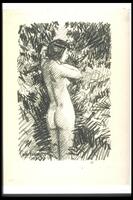 This black and white print shows the back of a nude woman. She appears to be facing a hedge or tall bushes and is standing with her arms are raised and folded at her chest.