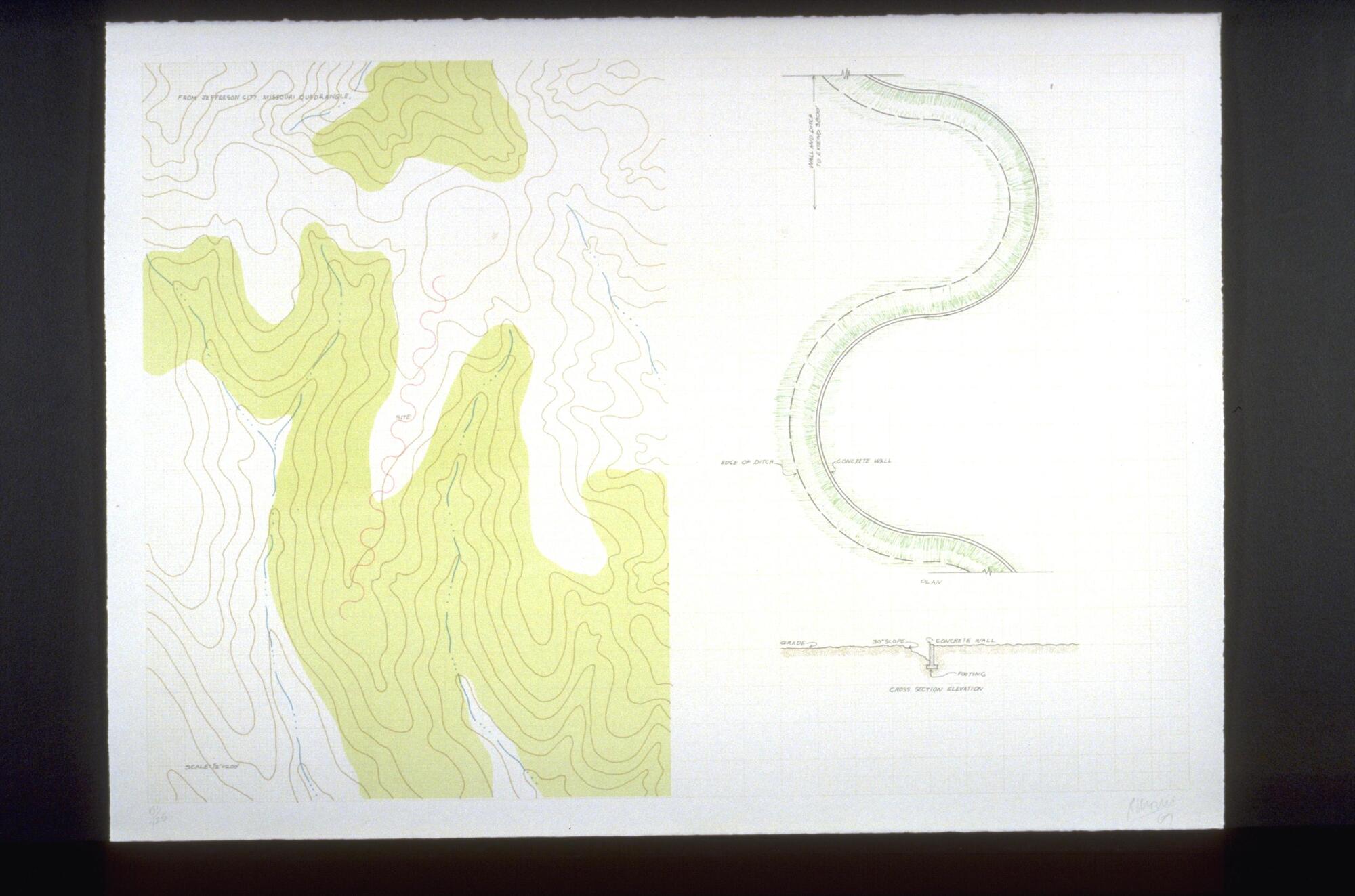 This lithograph on white wove paper is horizontally oriented with a grid of light gray lines on a white background. On the left side there is a contour map with green areas. There is a red squiggly line in the center portion of the map. On the right side there are two diagrams. One is a cross section of a flat surface with an indentation in the middle portion.  The other is a backward “S” shaped form shaded with fine green lines. There are word labels throughout this work. <br />
