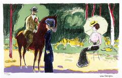 A man on a horse, wearing a bowler hat and a brown suit, stops to talk to woman who stands in front of his horse. She wears a dark purple dress and a matching hat. To the right is another woman sitting on a chair, wearing a long sleeved white blouse and a long black skirt. She holds a parasol and wears a small yellow hat with a black band. The background is a lush green area of trees and bushes.