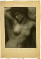 This photograph depicts the torso and head of a nude woman. She holds her arm above her head and faces toward the left side of the frame.