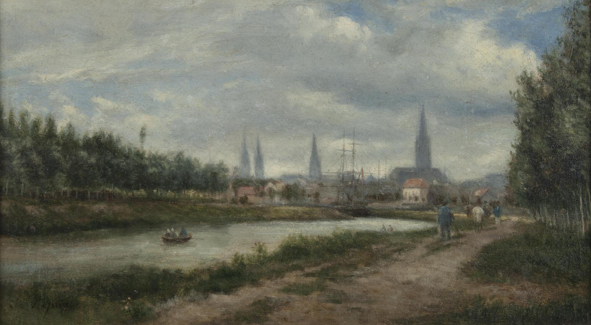 In this painting, a river stretches from the lower left corner to the middle of the composition. One small rowboat is seen in the middle of the river. Trees line both sides of the composition, receding backwards, and people walk on a path to the right of the river. A city is seen in the distance, and a cloudy blue sky dominates the upper portion of the canvas and is reflected in the river.