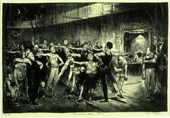In an interior space, a large group of men stand with their right arms out and their left elbows bent with their hands on their hips. They are all facing a man whose back is to the viewer. He is also holding his right arm out.
