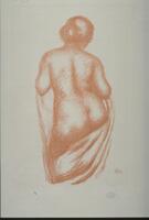 Lithograph printed in red (sanguine) of a nude female figure seen from behind standing in contrapposto pose and printed on paper (Montval) that was specifically made for Maillol. The figure is not see full-length as the legs are not indicated below the thigh.