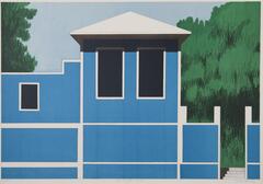 This color lithograph depicts the front facade of a blue house, with a tower-like element in the center sporting a white pyramid hip roof. At the right, there is a gate with the large canopy of green visible just beyond. 