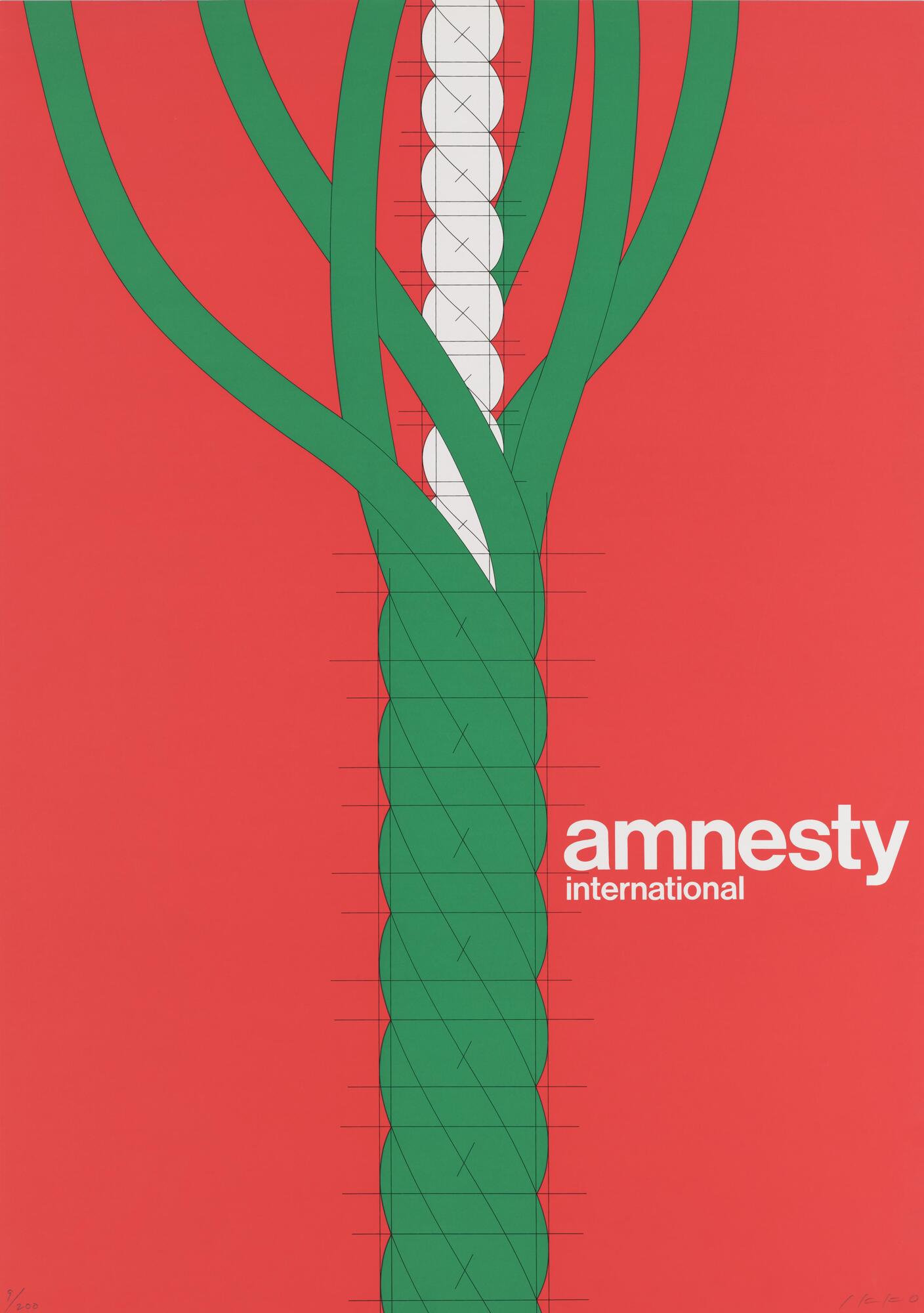A green braided rope that unravels at the top, revealing a white interior. The text "amnesty international" is in white lettering on a red background. 