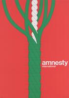 A green braided rope that unravels at the top, revealing a white interior. The text "amnesty international" is in white lettering on a red background. 