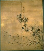 This is a painting of chrysanthemums on a two-fold screen. The paper is sprinkled with gold and the flowers are painted in ink and light color. The flowers come out of the corners and edges of the screen and spread into the center of the screen. There is a lot of negative space filled in by the gold in the background. A signature is in the middle followed by two seals. There is a third seal in the center of the other screen.&nbsp;