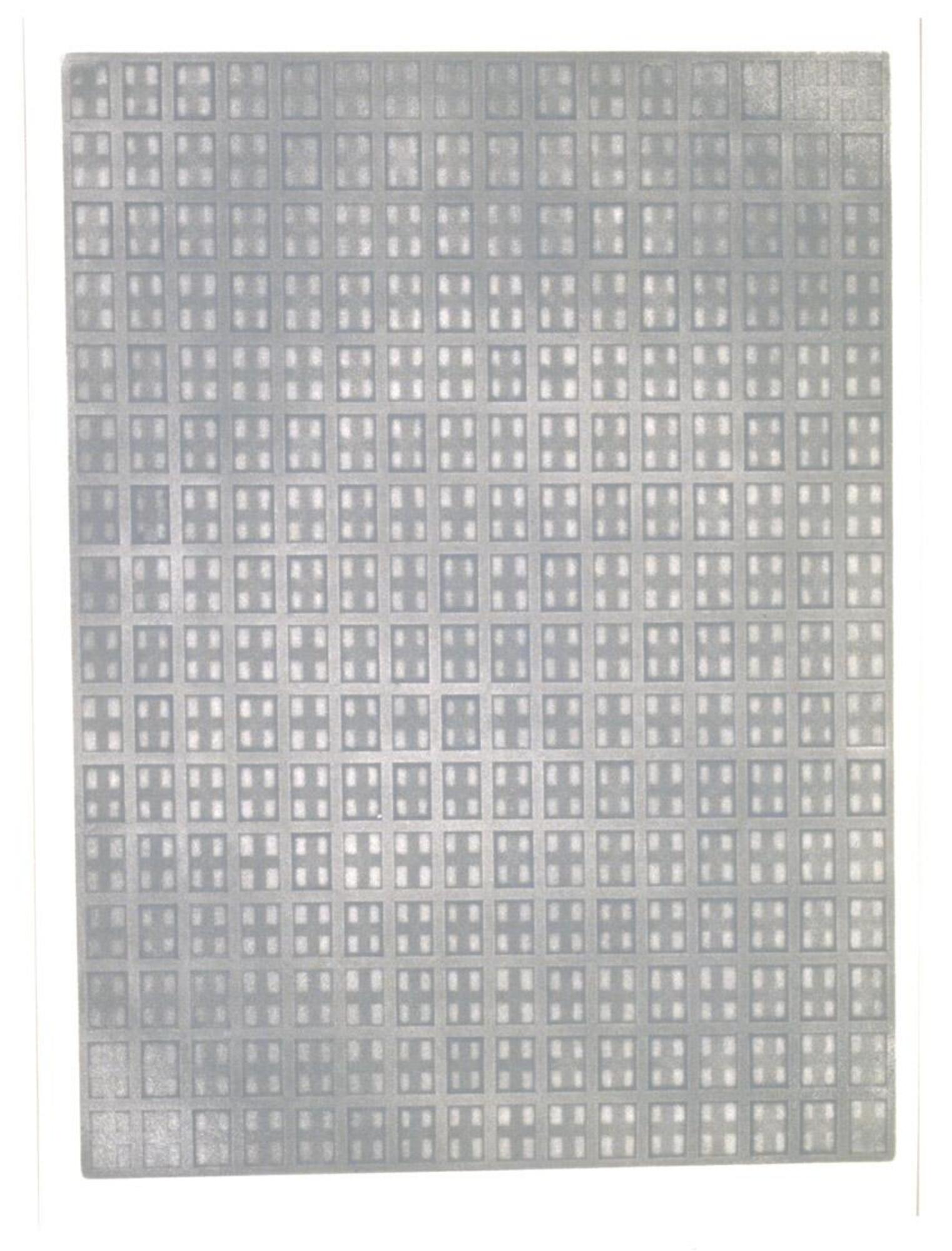 This etching has a grey and white all-over grid pattern. Thicker, light grey lines make up the main grid and individual squares from this pattern are broken into smaller quadrants of small white rectangles. The print uses lighter tones towards the center and outer corners of the work. Darker grey tones are used between these areas. The work is printed on ivory wove paper. The print is signed, dated, and numbered (l.r.) "Longo 70 4/45" in pencil. 