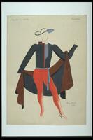 This costume design shows a man in red tights, black jacket, and wide brimmed hat. A brown cape is draped behind him, and over his left outstretched arm. He wears a grey scarf and grey tied belt.
