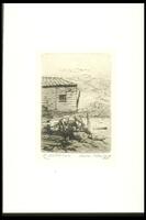 This vertical print shows an old fish house on stilts, perched on rocks overlooking a body of water.