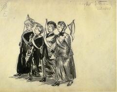 In this drawing, four women walkshoulder to shoulder toward the left. They are wearing long skirts of the early twentieth century and sashes, and they are carrying pendants over their right shoulders and small pieces of paper in their left.