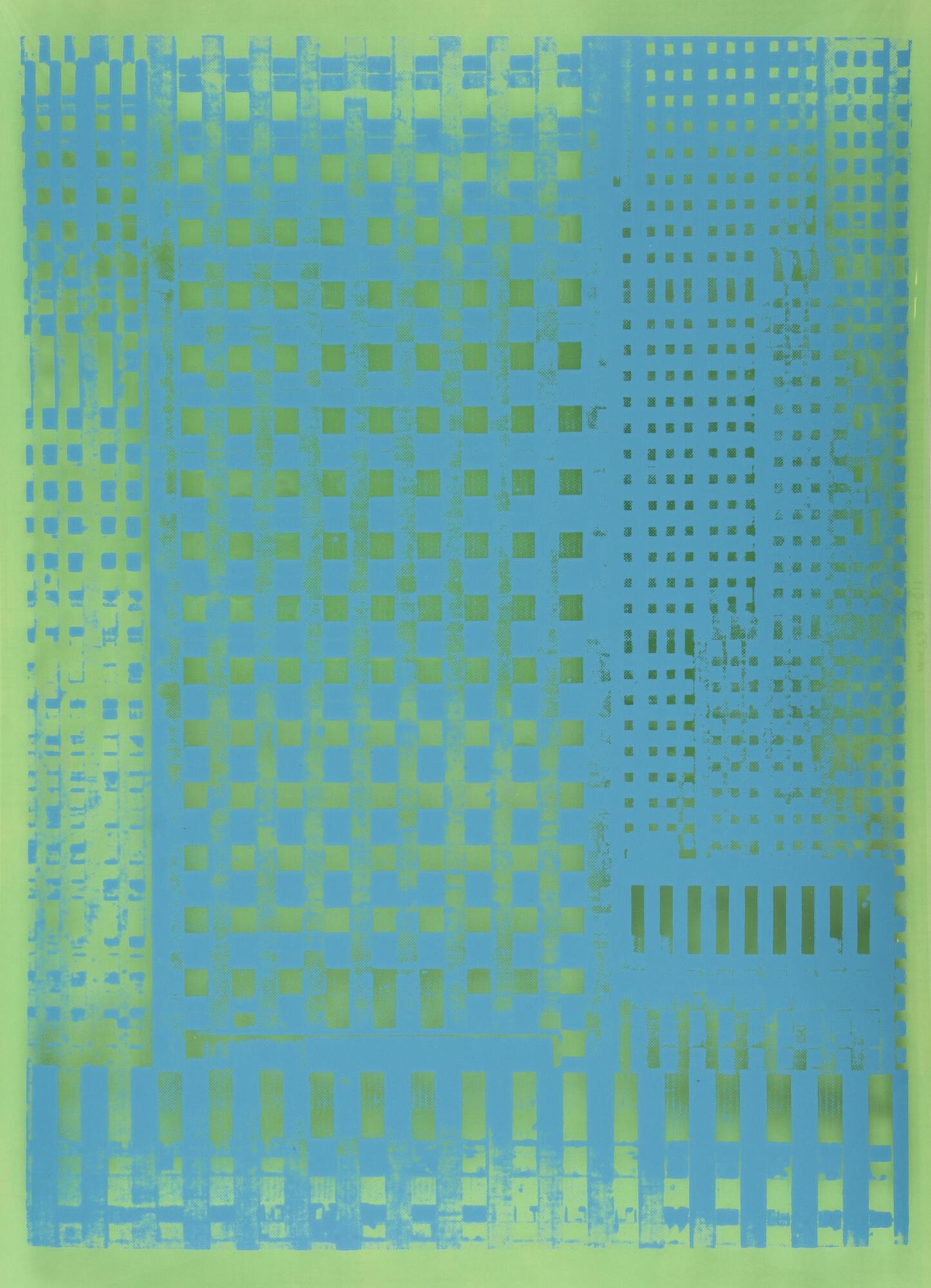 This screenprint in blue on green has a series of overlapping patterns of rectangles in a grid.