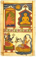 This work is painted in tones of red, green, dark blue, and orange/gold, against a light background. At the top is a sun with a many rays and a human face. Below this are two seated figures who are unclothed. They are seated on thrones decorated with colorful designs. One has reddish skin and is shown in profile, looking at the sun with hands raised. The other has orange skin and is seated in a lotus posiiton, facing front. Below them is a scene that shows two figures, a woman and a blue-skinned man, turned toward a half-man, half-woman figure who is seated on a tiger rug. These figures are dressed in colorful clothing and adorned with jewelry and hold various objects in their hands.