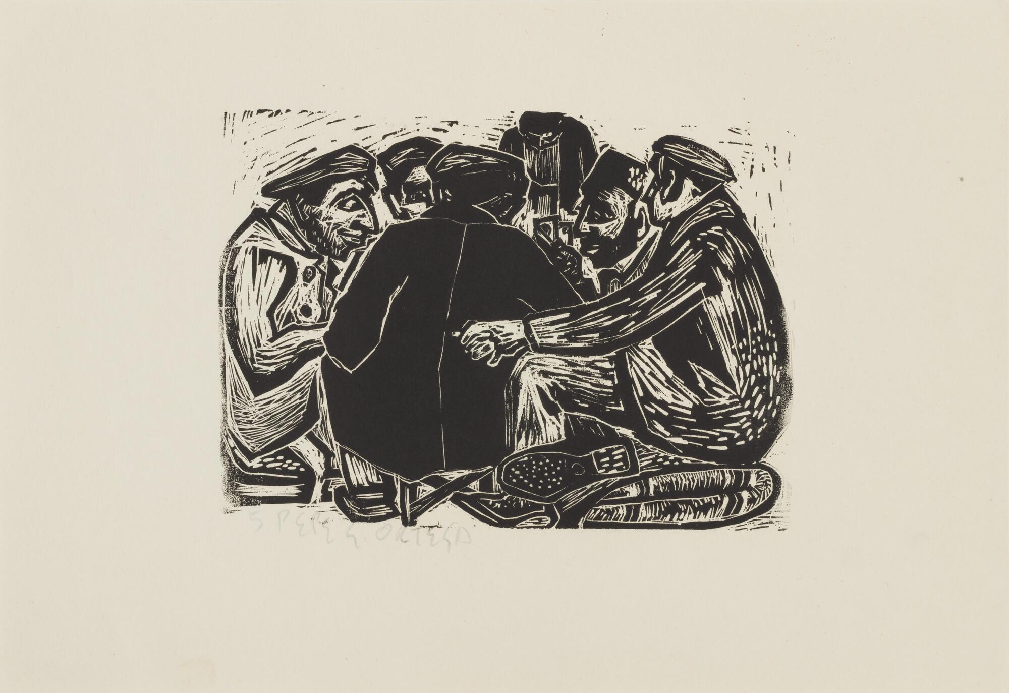 The woodblock print depicts a circle of men sitting on the ground in a huddle, filling the paper. Six figures are visible, primarily only by their heads. One figure's back is to the viewer. The print is signed (l.c.) "5 Pepe Ortega" in pencil.