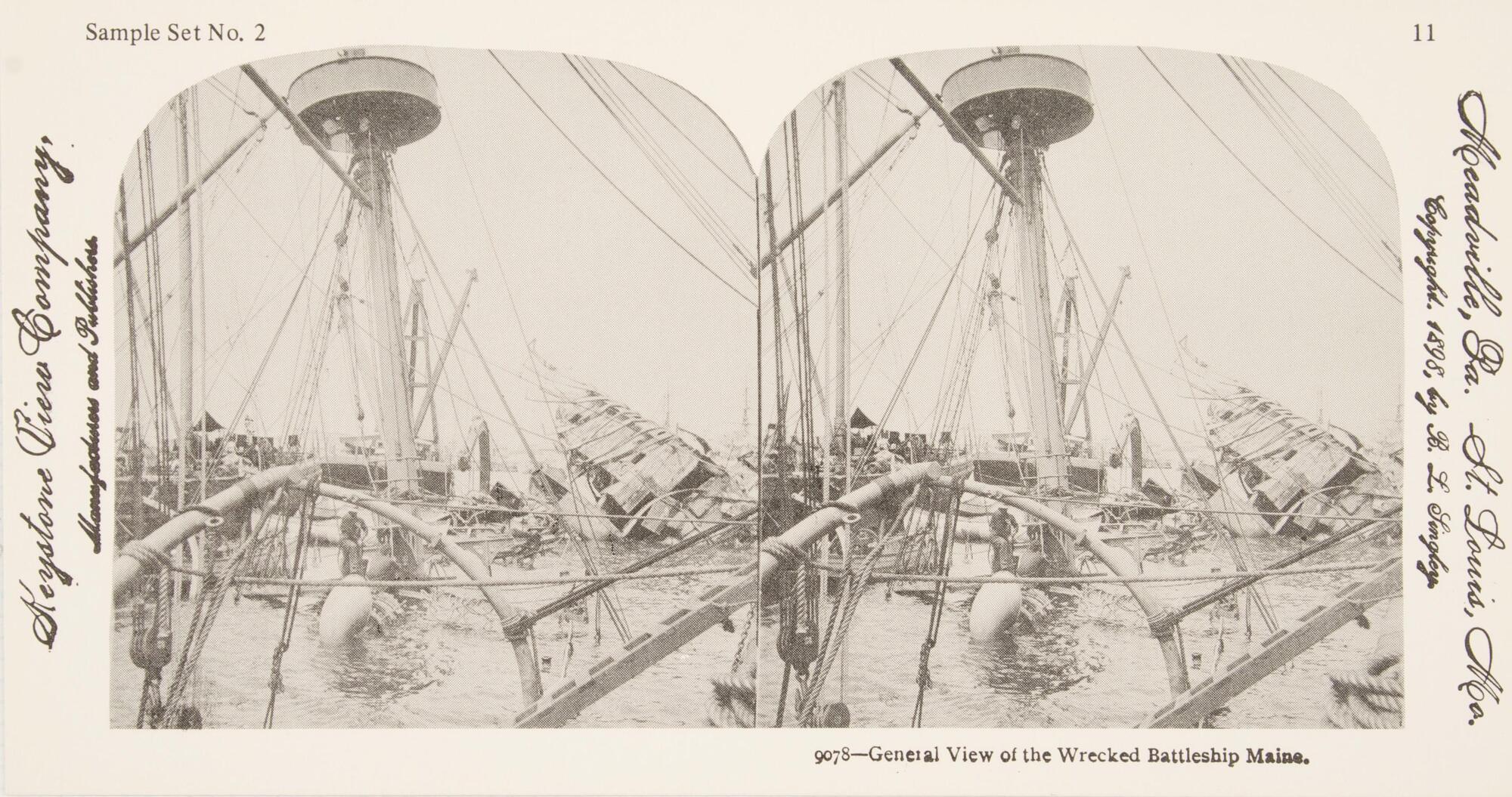 This black and white stereoscopic image features two images of a shipwreck. The majority of the ship is submerged in water and cords, ropes and debris are mostly visible. <br />