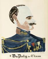A portrait of a man's profile.  He is decorated in military attire and his uniform embellished with gold trimmings.  Beneath the piece reads "Du Paty de Clam".