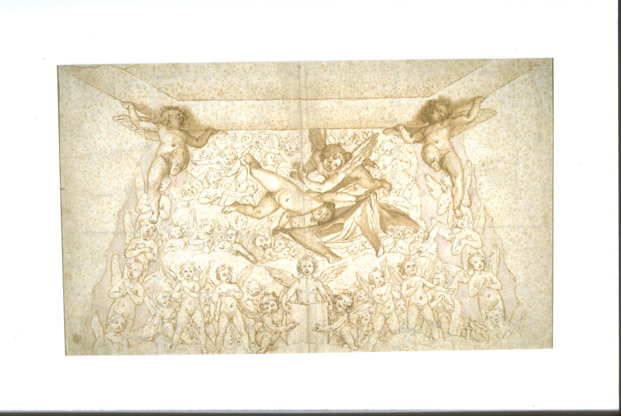 This is a preparatory drawing of a group of putti that form part of the painted decoration of the dome of Florence cathedral. The most striking figures are the putti in the upper corners of the drawing who support an architectural cornice and a pair of putto that appear between them. One of these putti holds a shirt and his companion holds three dice. Myriad other putti are rendered more lightly to give the impression that they are positioned in the background.