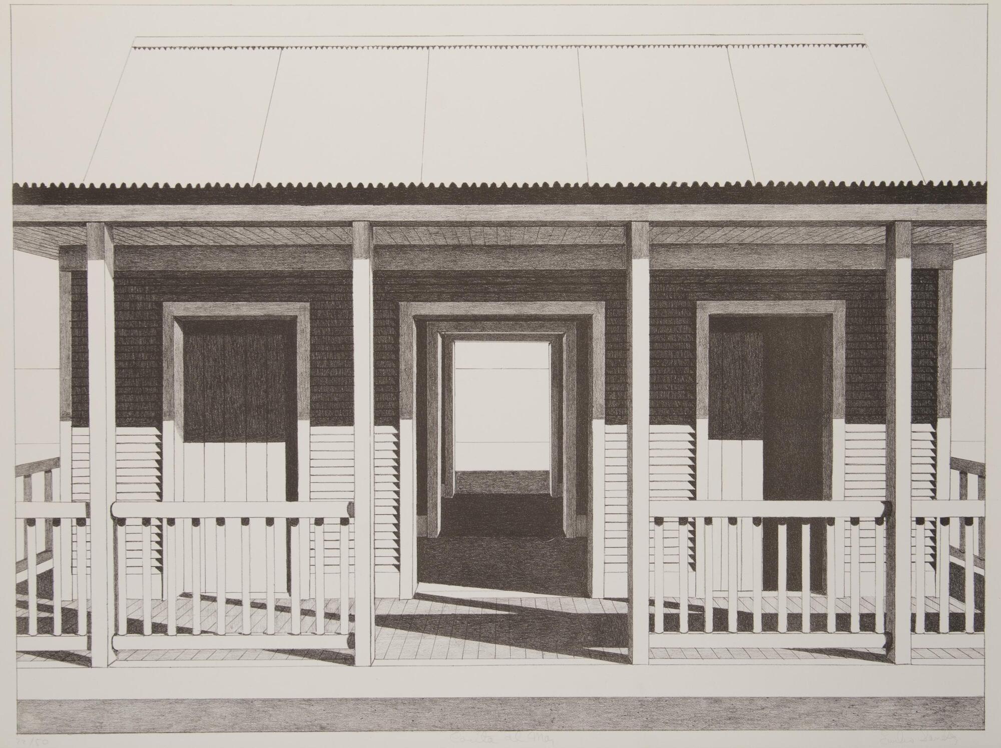 A black and white print of the front of a house. Almost all of the doors in the house are open.