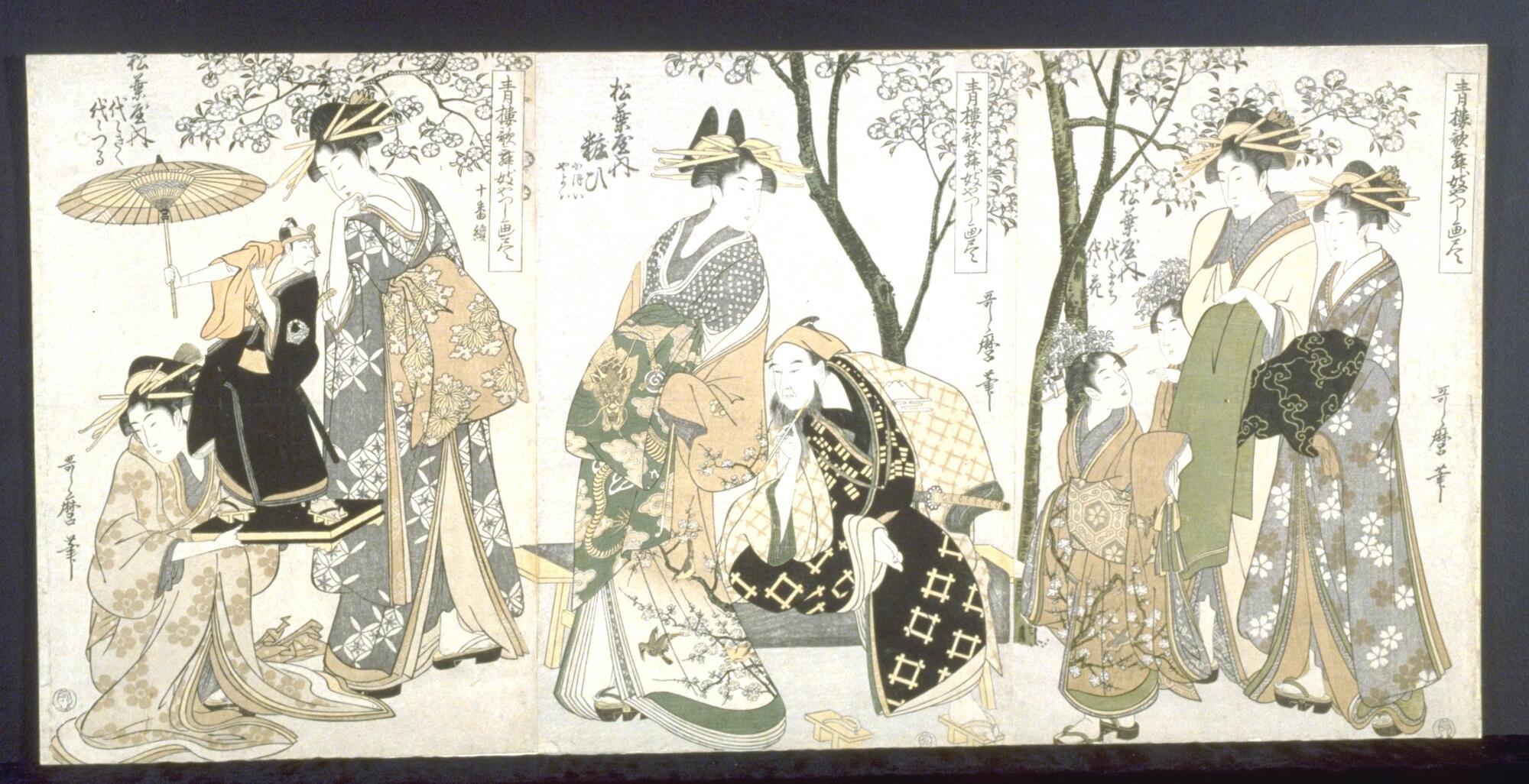 This is a triptych, displaying all three panels at once. In the left panel, a woman squats, holding a book, on which stands a man holding an umbrella. Another standing woman looks over her shoulder at it. In the center panel, an older man is seated on a bench with a brush or pipe in his hand. A woman looks at him over her shoulder. In the right panel, two woman stand with two girls. One of the girls is half hidden behind the woman on the left and gesturing forward.  The other girl looks up at the two woman. In the background are white flowering trees as well as some calligraphy.<br /><br />
This is a set with 1948/1.185 and 1948/1.187.<br /><br />
 