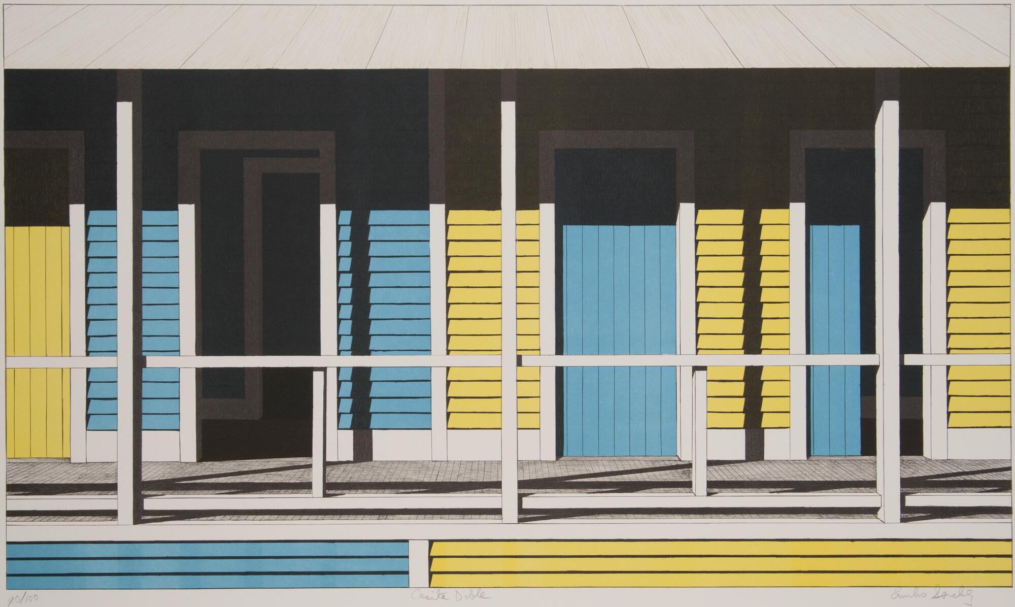 A color lithograph print depicting the yellow and blue color terrace corridor.