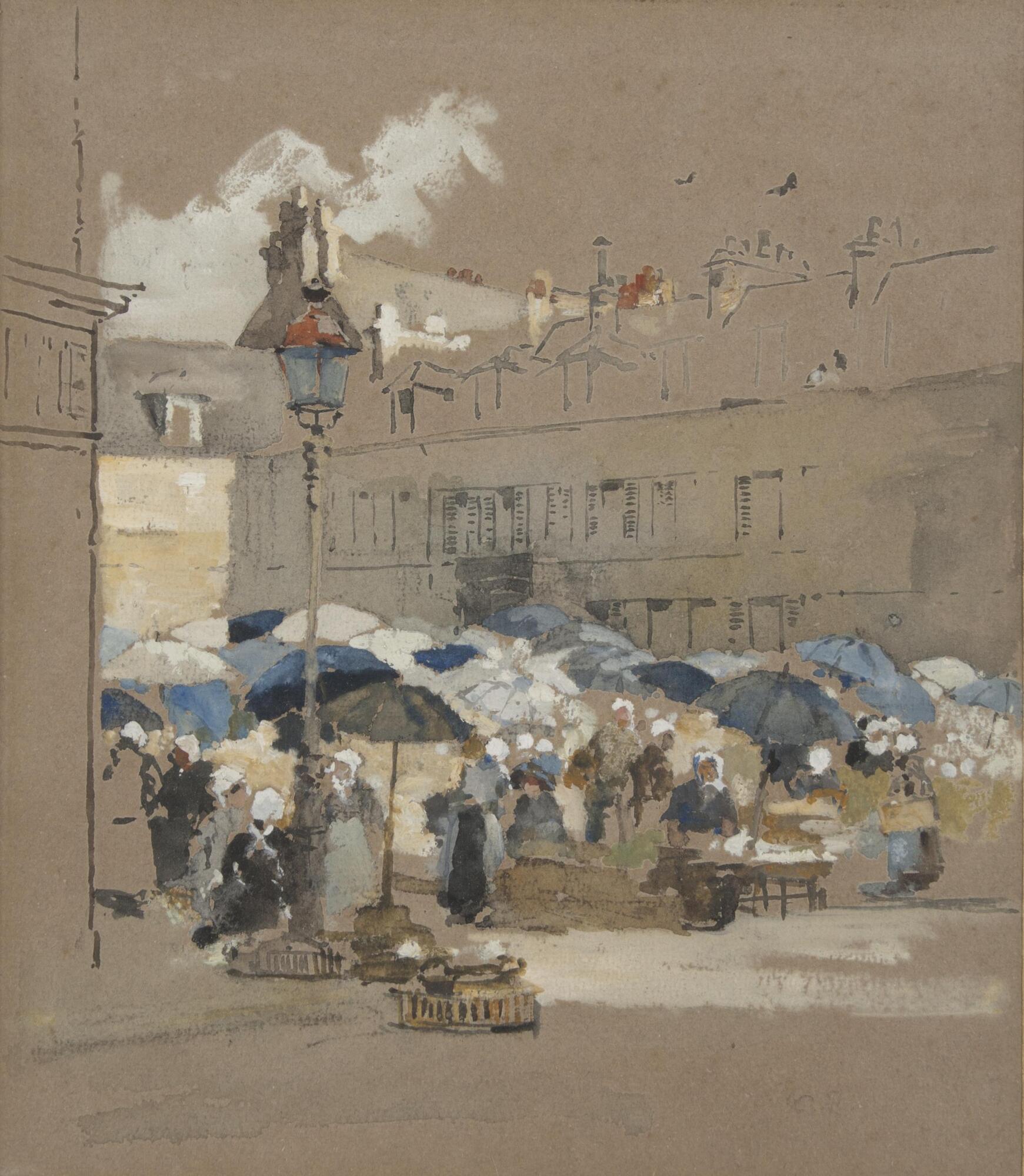This drawing shows a street scene with a number of people at a market, many of whom are carrying blue or white umbrellas. A lamp post is in the foreground, and line drawings of buildings comprise the background, and birds fly in the sky amid quickly sketched out white-grey clouds. The color palette is comprised of blues, browns, whites, greens and specks of red.