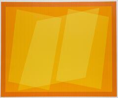 An abstract composition with yellow and orange overlapping quadrilateral shapes on a dark orange and yellow striped background. The seeming translucency of the shapes in the composition make them appear 3-dimensional.