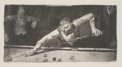 In a dim lit interior space, a man with a pool cue in hand shoots a ball on a pool table. Two men observe, one seated in the background and the other standing adjacent to the pool player.  The figures sport bow ties, dress shirts, and vests.