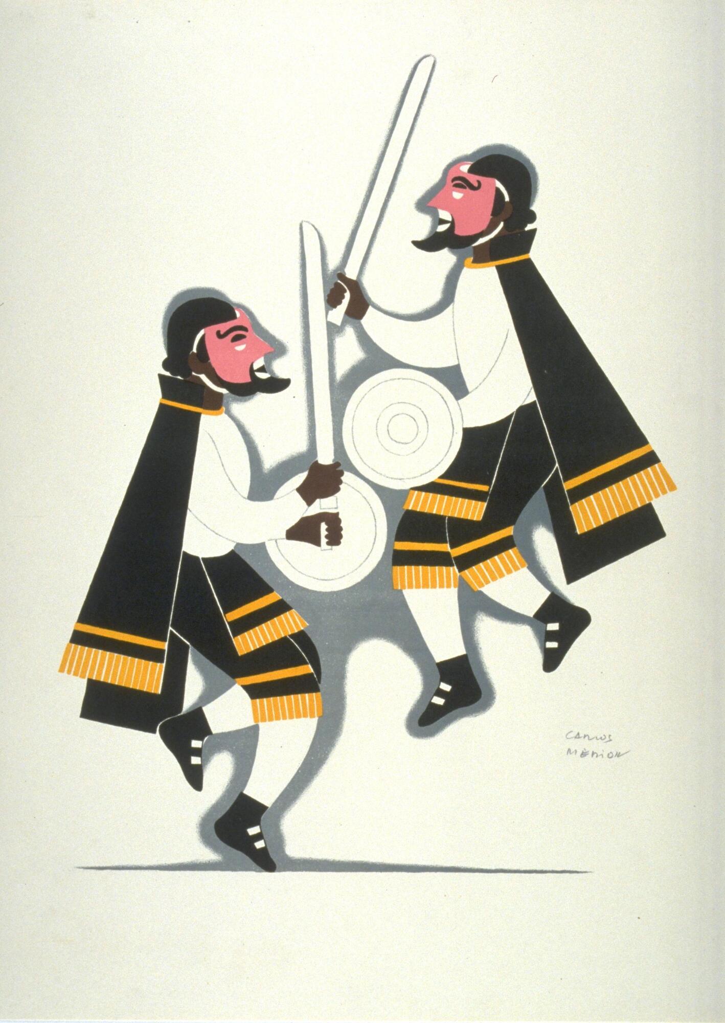 Centered in the page on this print are two dark-skinned figures wearing pink-skinned masks. They are both dressed identically in white shirts and tights, with black boots, matching black knickers, and capes trimmed in gold. Each figure holds a small circular shield in one hand and a sword in the other—both in white. Both seem to be leaping in the air.
