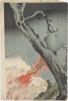 Left panel of a triptych. The image on this panel is of a tree crossing from the lower left corner to the upper right. In the bottom right corner are red smoke and fire, a British flag, and Japanese text. The tree and sky are different shades of grey.&nbsp;