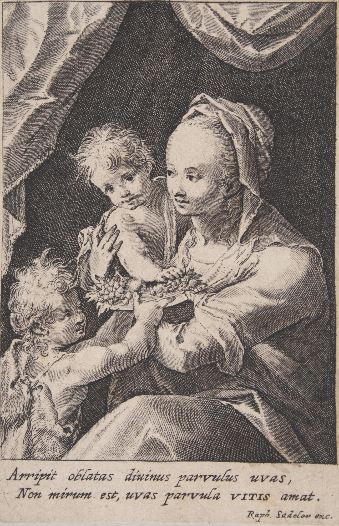 A seated woman holds a baby, who reaches out toward a tray of grapes offered by a standing toddler.  The figures are situated under a curtain of drapery.