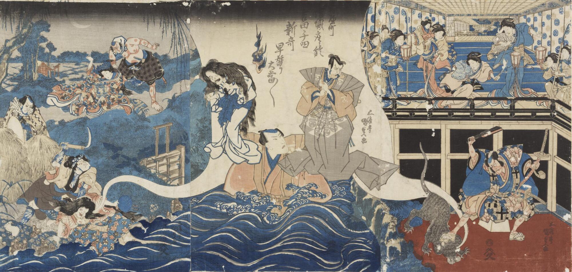 Image of five figures wearing blue, tan, red, and brown robes on largely blue, watery background.<br /><br />
This is the left print of a triptych (with 2015/2.157.1 and 2015/2.157.2).