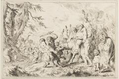 Image of a crowd of men, a man on a donkey and centaurs.