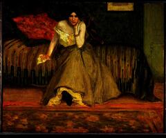 In an interior composed of muted browns, red, and green paint, a woman sits on a couch or bed with her legs crossed, leaning with her chin in her left hand while holding a handkerchief in her right hand. She gazes directly at the viewer.