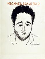 A portrait of Michael Schwerner.  His head is oval-shaped and facial features off-center.  His eyes sit unevenly on his face and his brow slightly furrowed.  His hair is made of many thick brush strokes.  Above his potrait is his name written in brown-orange ink.