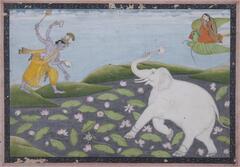 An elephant seems to walk on water from the bottom right corner of the composition, rising towards Vishnu in the upper left with a single lotus flower in its trunk. Vishnu, with 4 arms, steps on green hills surrounding the lotus covered pond, bending towards the elephant. Garuda flies in the upper right.