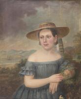 Portrait of a woman, flowers in hair, blue dress and straw hat. There is a sailboat in the background.