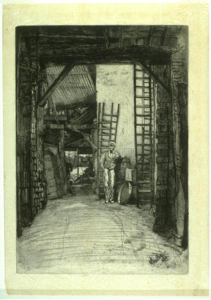 A man stands within a wooden building, postioned half-way down a deep vista that goes all the way through the building. At the far end of the passageway, a seated figure faces out looking at water and buildings on the opposite shore. The standing man's figure is illuminated by a bright (unseen) overhead light source, such as a skylight, and pairs of ladders are visible on either side of his figure. The foreground of the image consists of dark timbers that frame the view of the passageway and figures; beyond the man, the wooden architecture becomes a jumble of different sloped ceilings and walls, suggesting that this part of the building was constructed at different times or ad hoc.