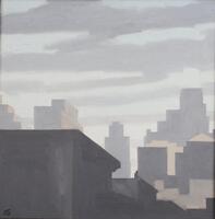 An oil painting of New York City skyscrapers in neutral colors. Dark clouds hang in the sky.